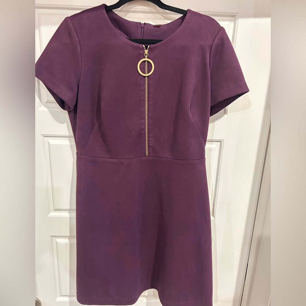 Calvin Klein Purple Short Sleeve Shift Dress with Gold Ring Zip